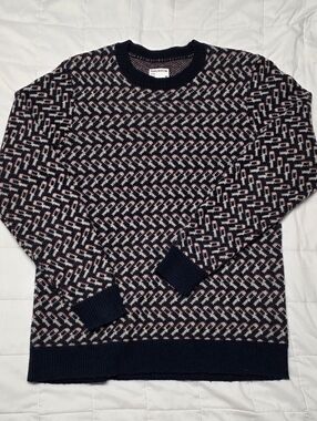 Frank & Oak Navy, White & Pink Patterned Crewneck Sweater